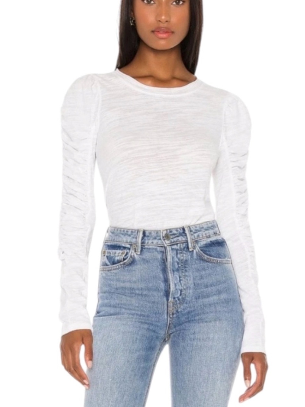 Free People Natasha Tee We The Free White Ruched Sleeve Top XS Textured